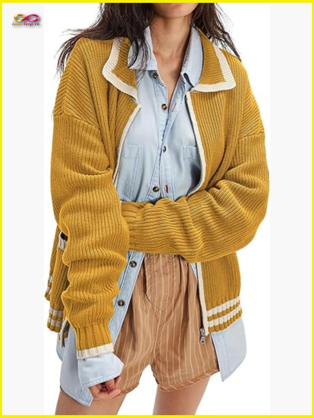 Slouchy Zip Up Cardigan Sweater Casual Oversized Knit Contrast Trim Jacket